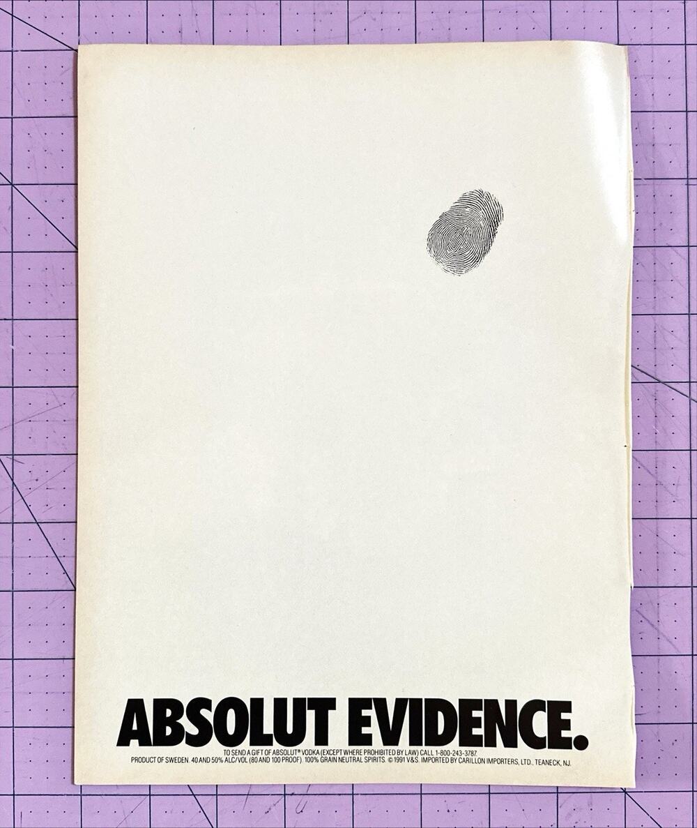 Absolut Vodka 1991 Magazine Advertisement Ad ABSOLUT EVIDENCE